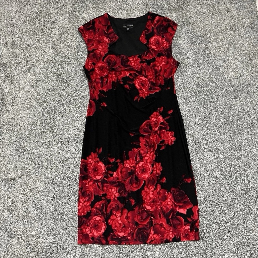 Connected Apparel Dress Womens 12P Black Red Floral Sheath Midi Sleeveless